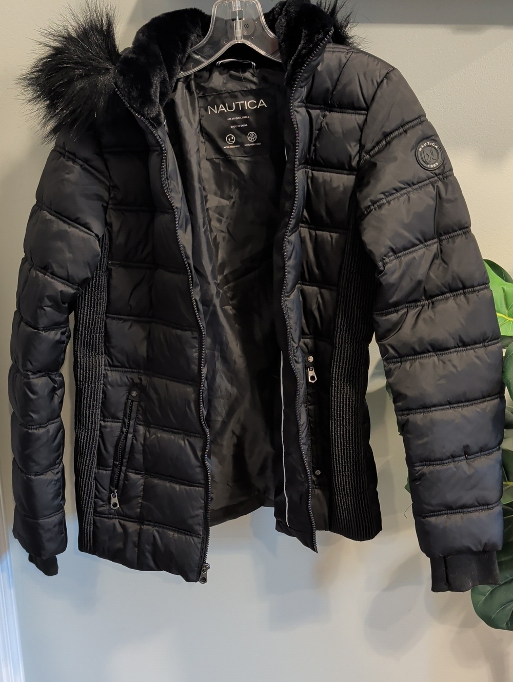 Nautica Black Quilted Puffer Jacket with Faux Fur-Trim Hood